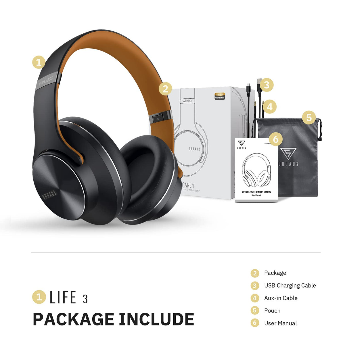 DOQAUS over-ear headphones foldable design for portable travel.