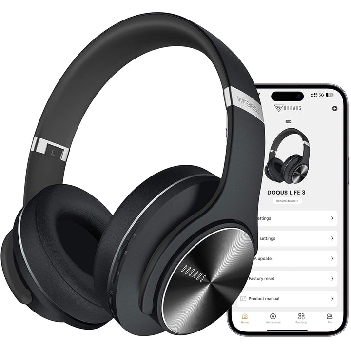 DOQAUS front view of headphones showing sleek design and travel-friendly look