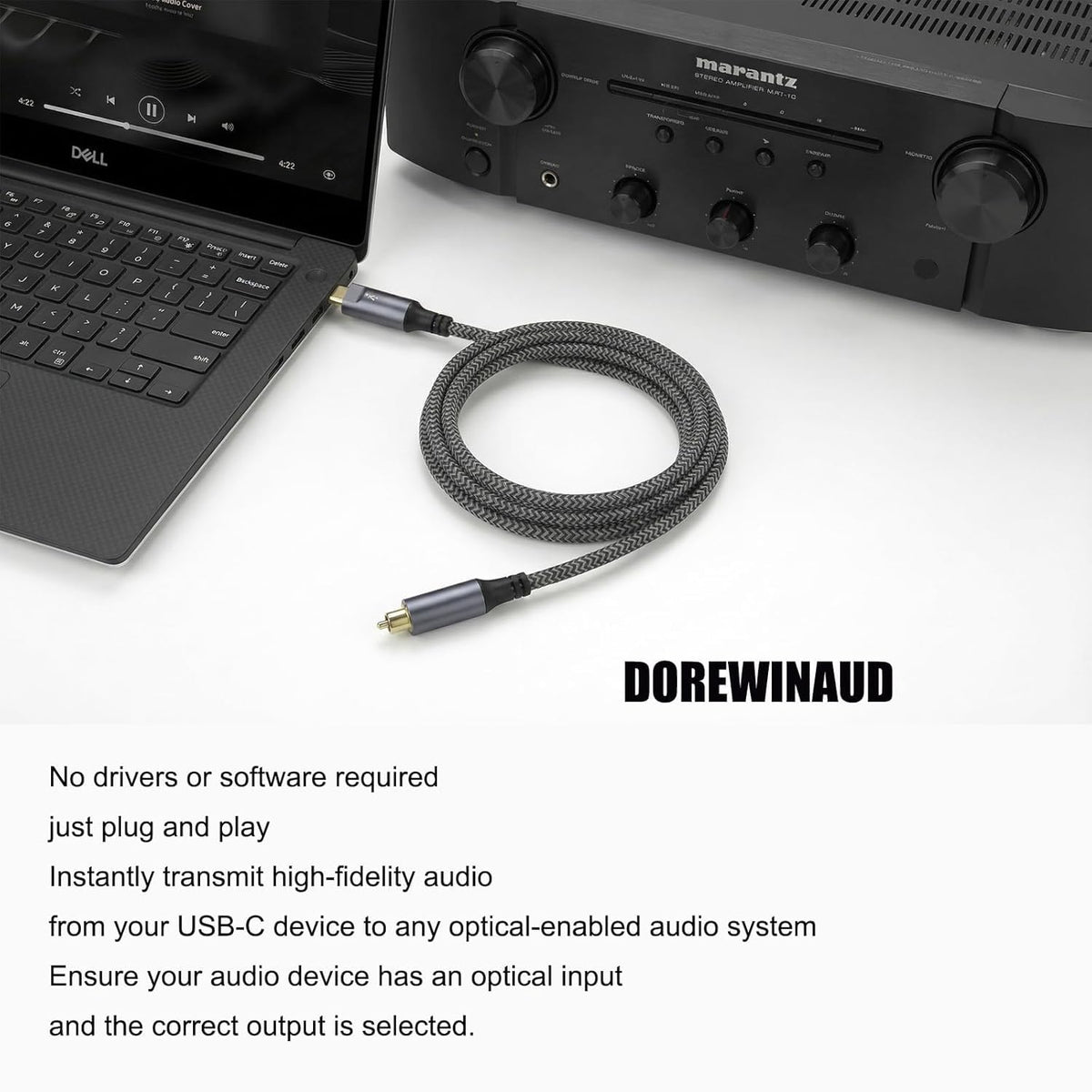 DOREWINAUD USB-C to Toslink cable brushed aluminum housing in product shot