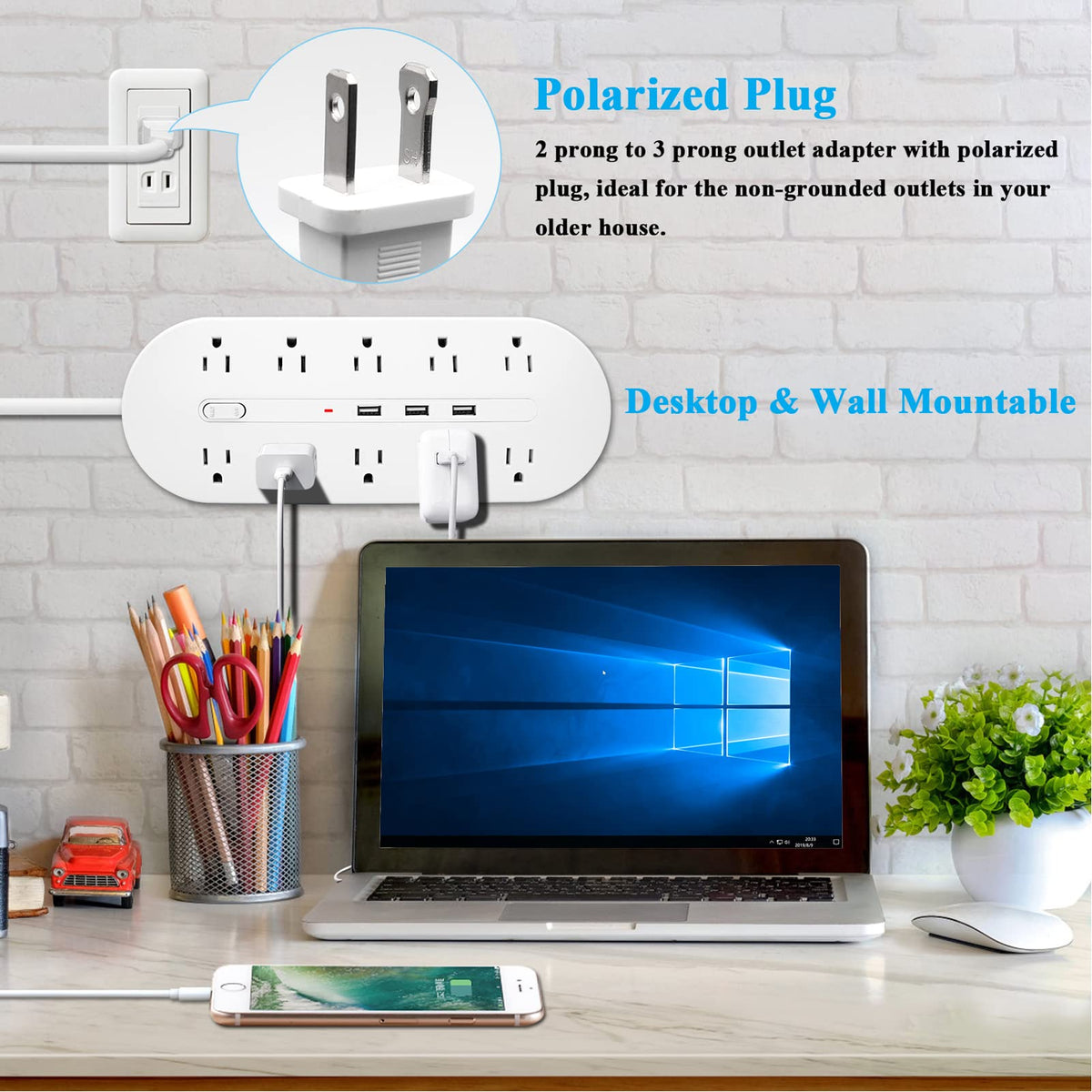 Dorggi wall-mountable power strip installed for a tidy, space-saving arrangement.