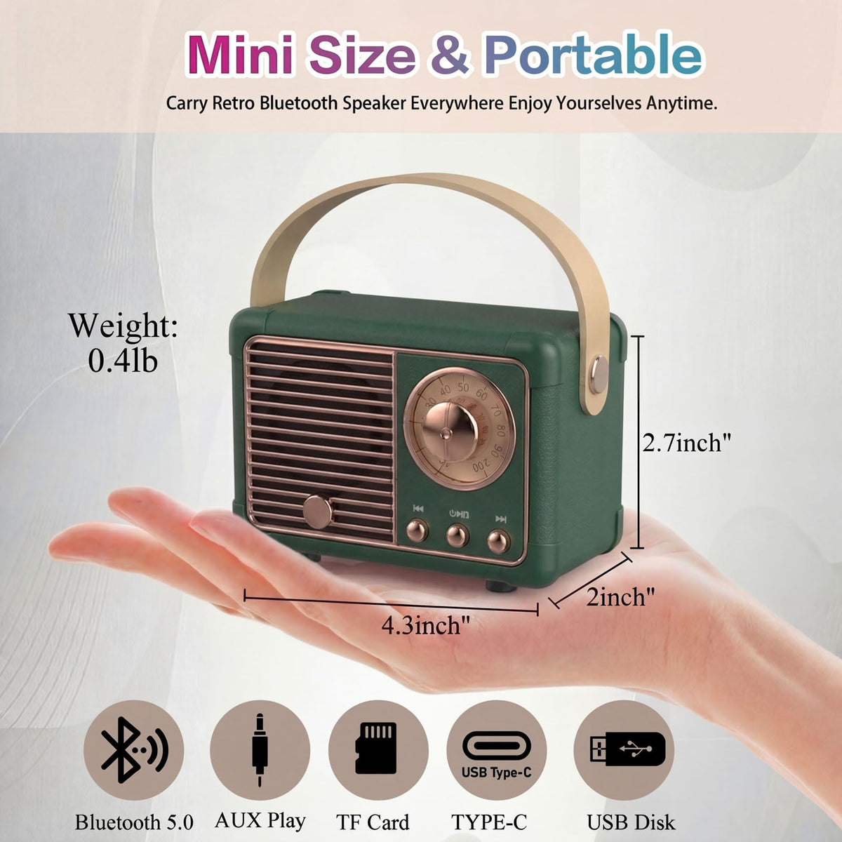 Dosmix mini retro speaker green desk setup—cute decor with clear sound.