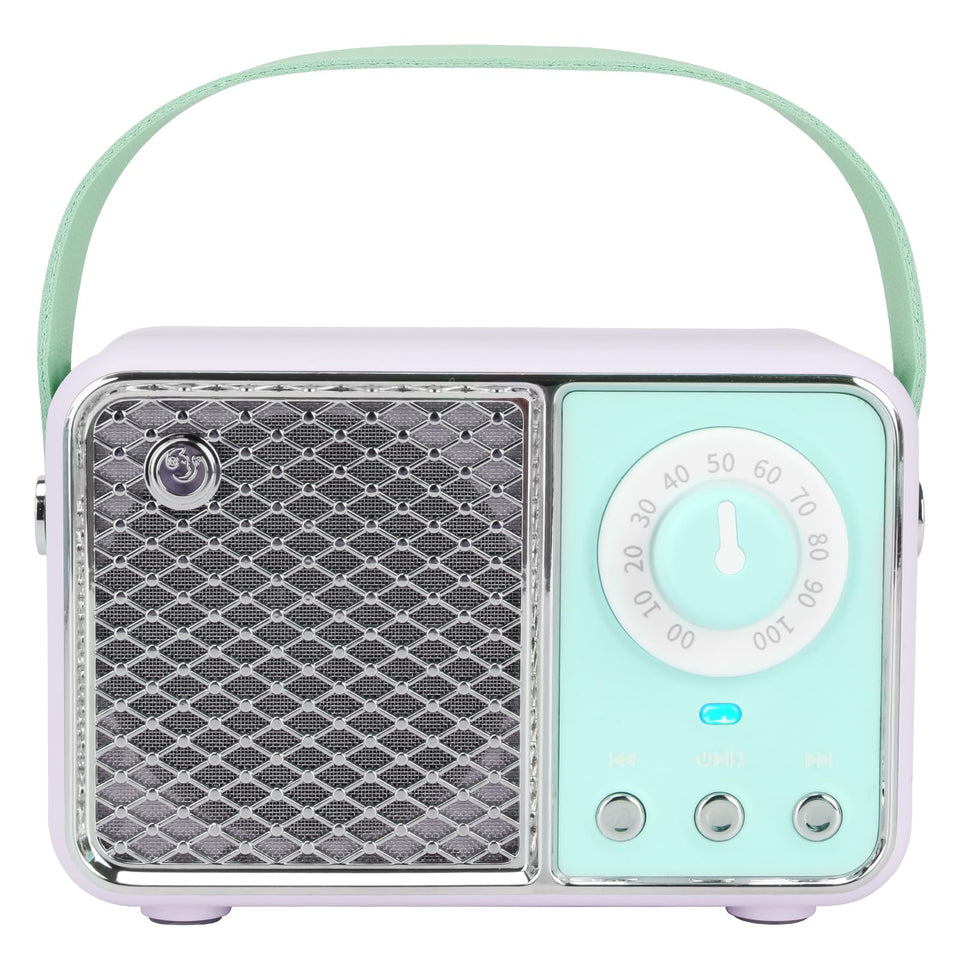Dosmix Retro Bluetooth Speaker front view showcasing compact portability for travel listening.
