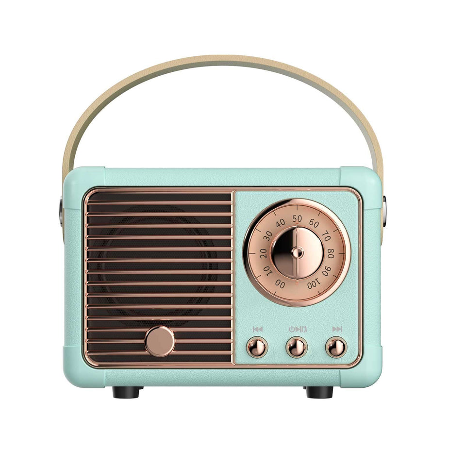 Dosmix retro Bluetooth speaker side view, ideal for compact desk setups and everyday use.