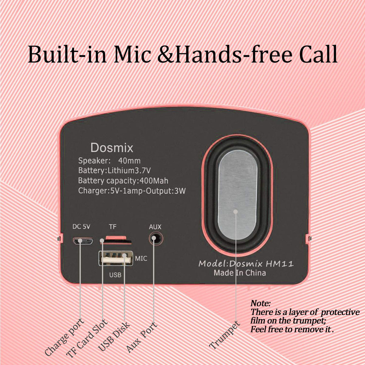 Dosmix retro-design pink speaker close-up highlighting vintage vibe