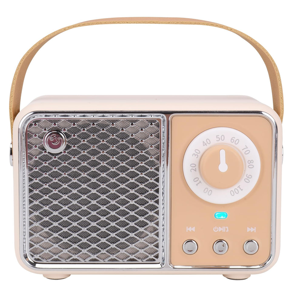 Dosmix retro Bluetooth speaker beige on kitchen shelf for cozy listening.