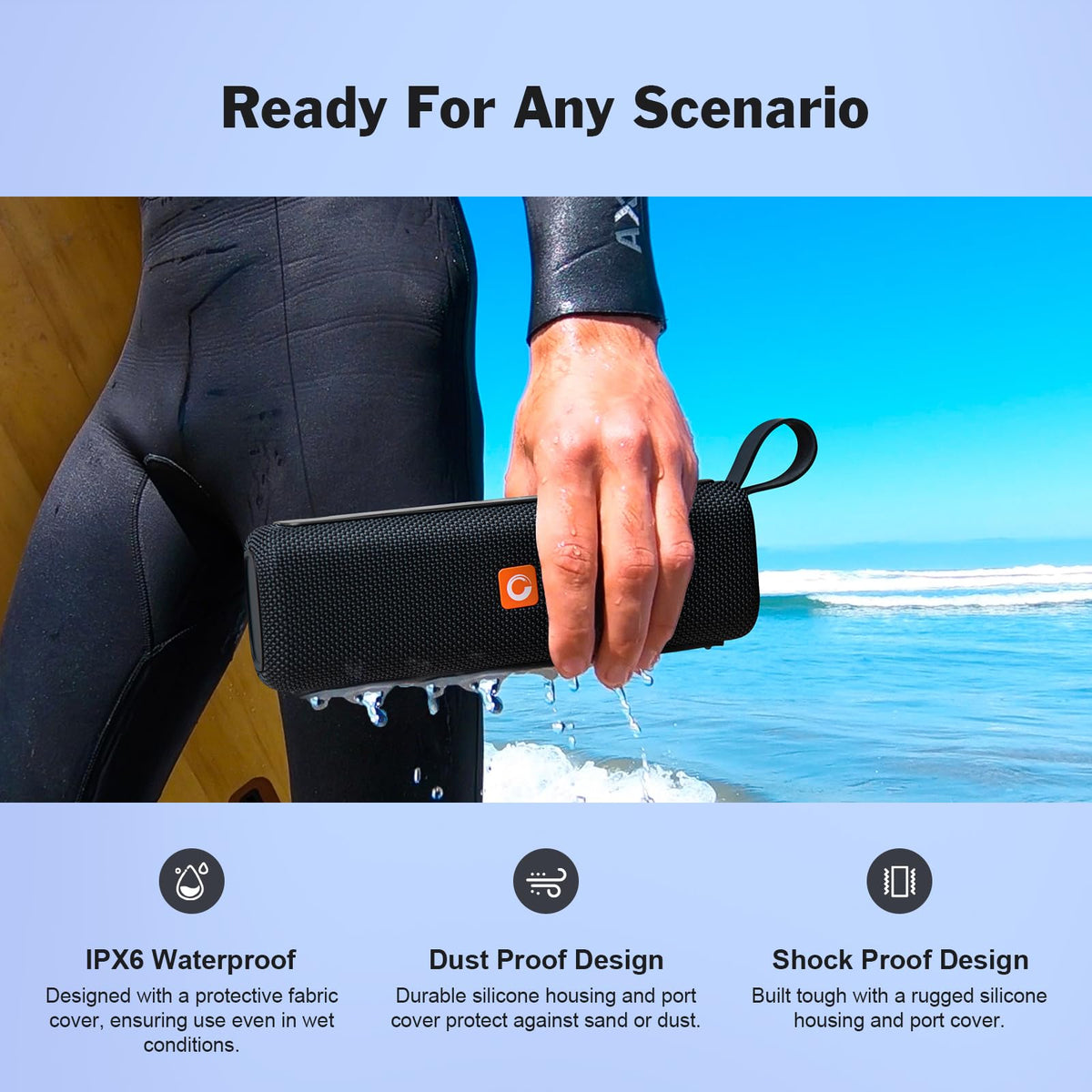 DOSS speaker in hand illustrating compact size and easy portability benefit
