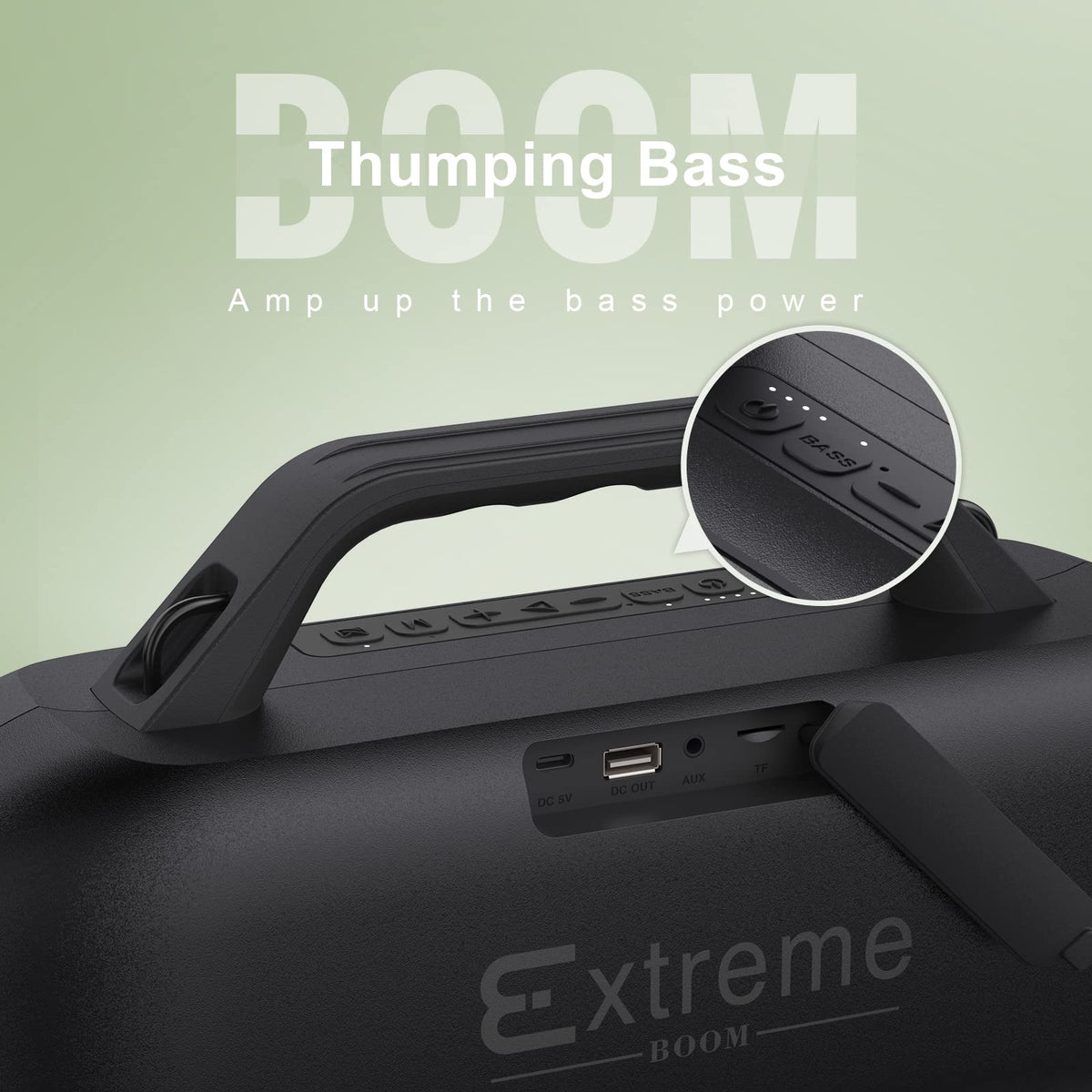 DOSS Extreme Boom portable handle demonstrated for easy camping transport.