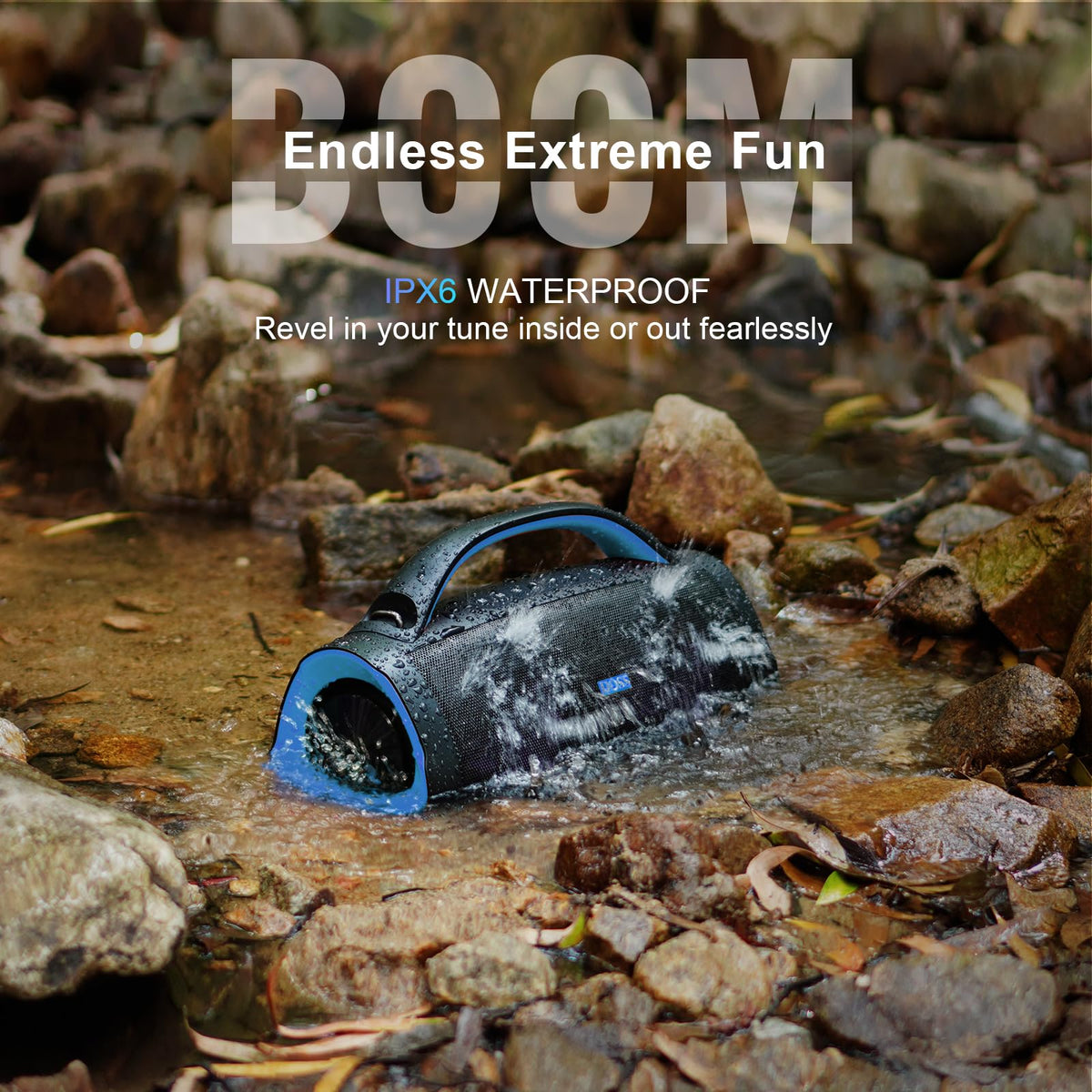 DOSS Extreme Boom Pro IPX6 waterproof design handles rain and splashes during outings.