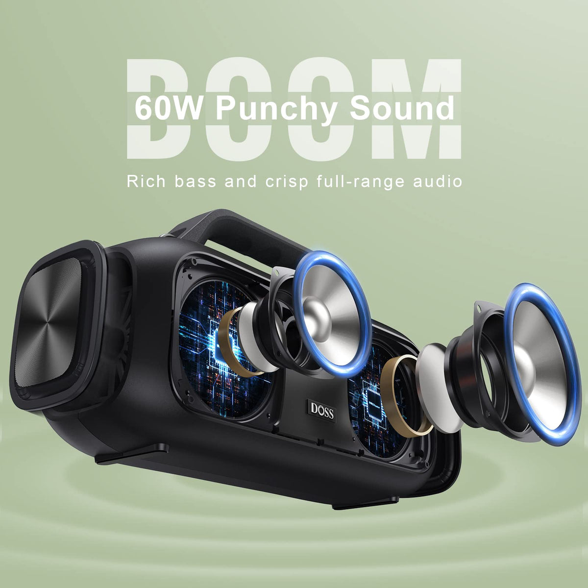 DOSS Extreme Boom side controls for quick volume and bass adjustments outdoors.