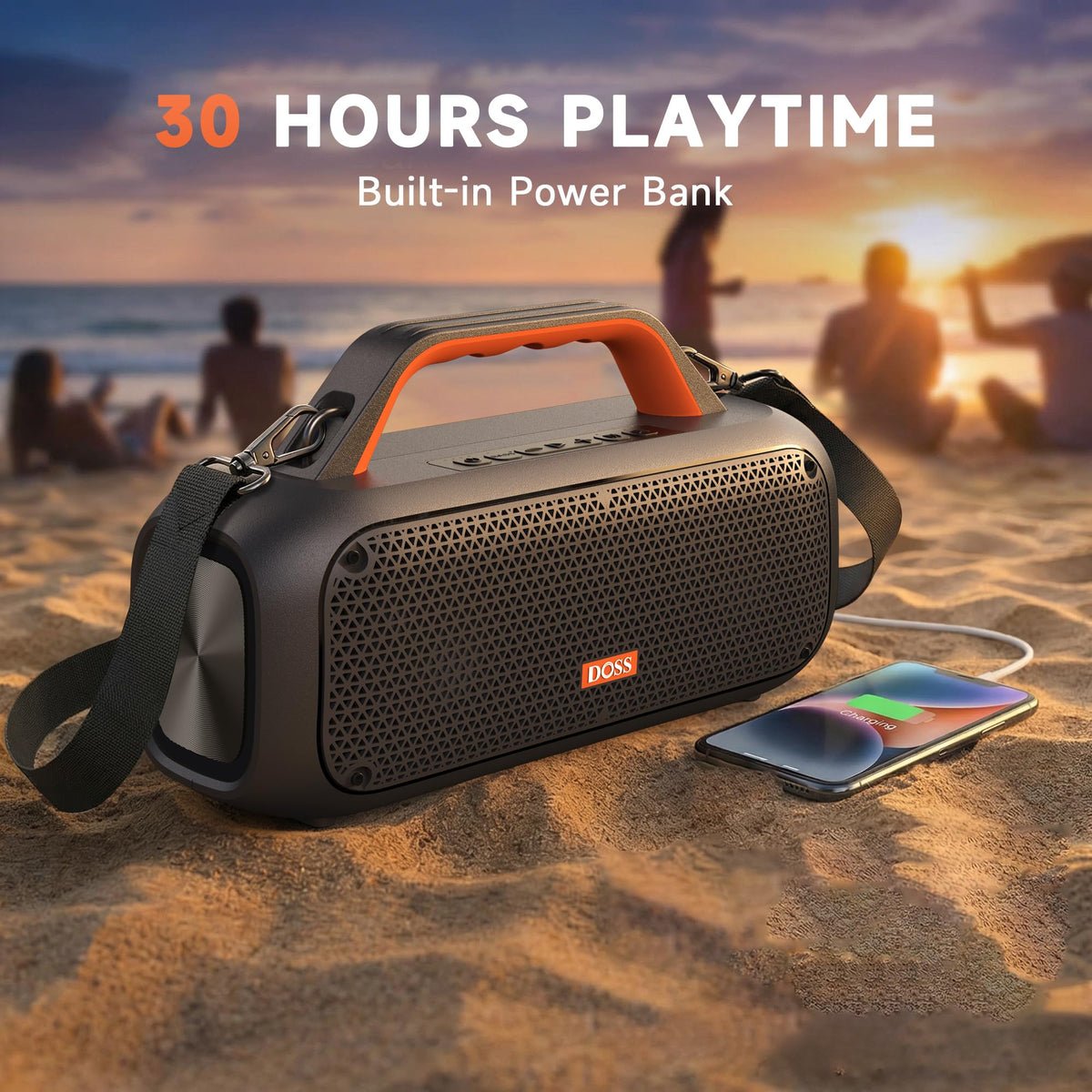 DOSS Extreme Boom USB-C port for on-the-go device charging outdoors.