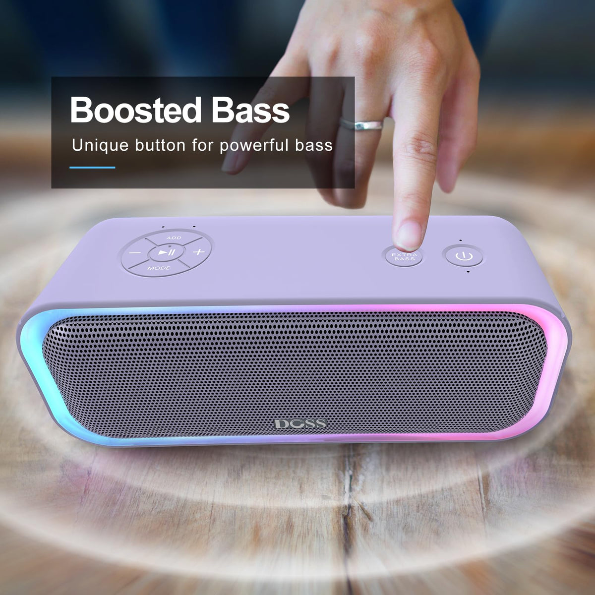 DOSS SoundBox Pro bass button for enhanced punch on the go