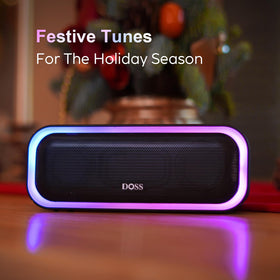 DOSS on table at party with people enjoying music and colorful lights