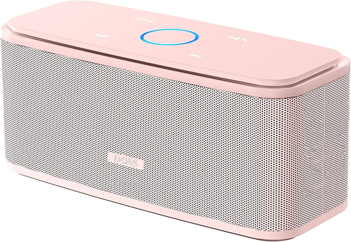 DOSS SoundBox Touch front view showing speaker and stylish light-pink finish, enhances room sound