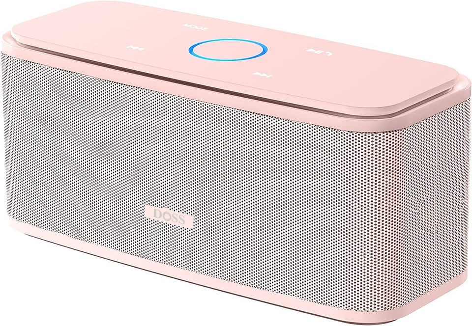 DOSS SoundBox Touch front view showing speaker and stylish light-pink finish, enhances room sound