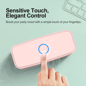 DOSS SoundBox Touch side ports and label with micro USB for quick recharging benefit