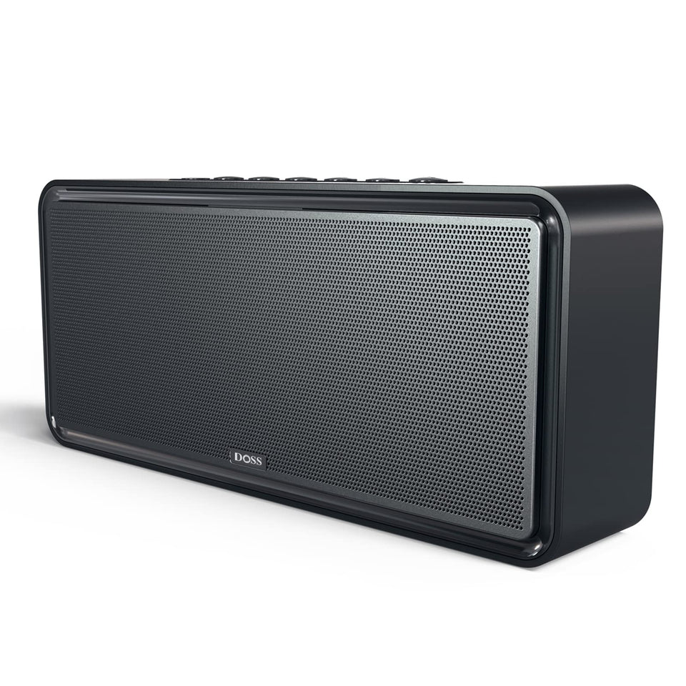 DOSS SoundBox XL front view showing grille and controls, clear listening benefit