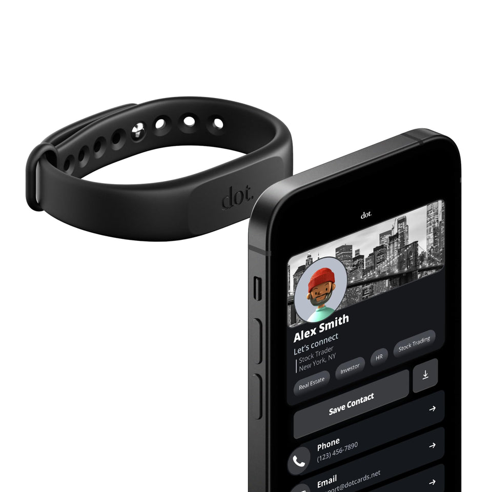 dot. Band front view showing sleek black wristband and easy tap sharing benefit