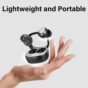 Doubc earbuds in hand for size comparison emphasizing compact portability