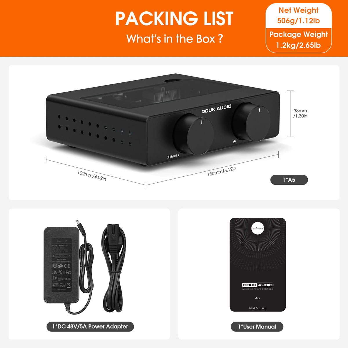 Douk Audio A5 boxed with included 48V power supply for ready installation