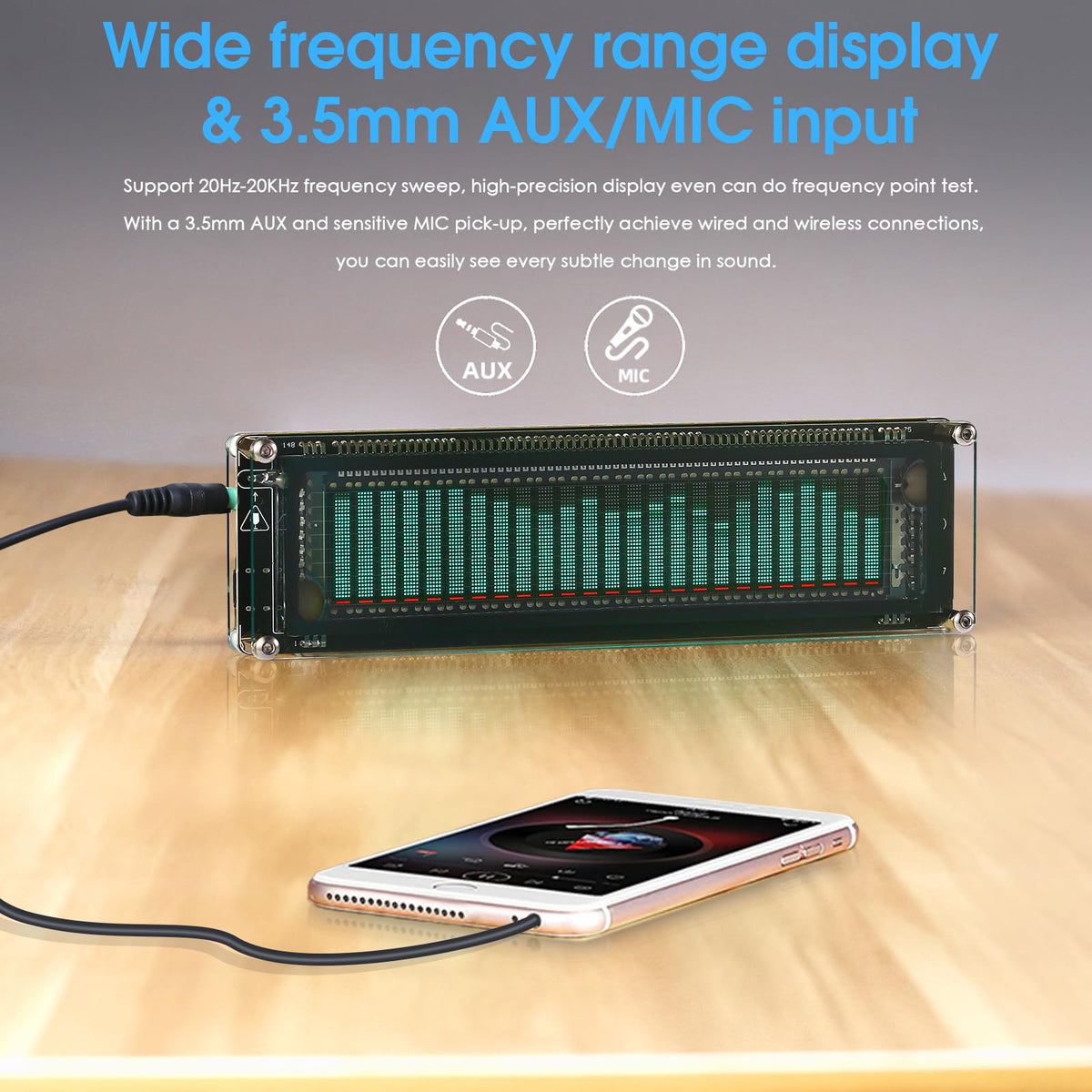 Douk Audio AK2515 close-up VFD matrix detail highlighting precise band visualization