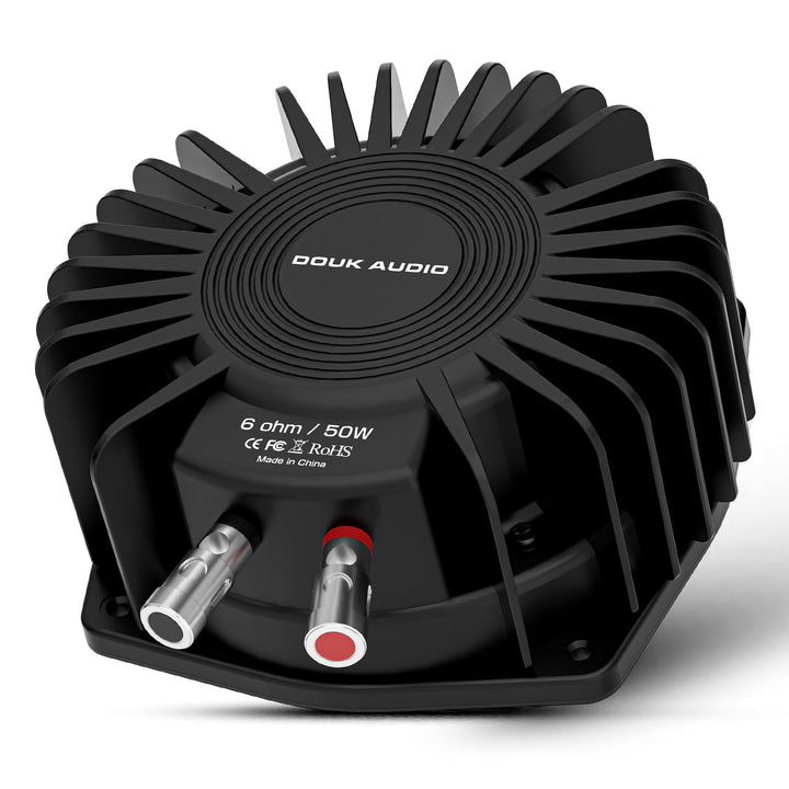 Douk Audio BS-1 front profile showing compact transducer and mounting points for durable seat vibration