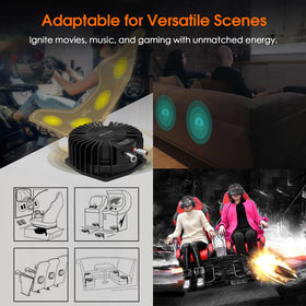 Douk Audio BS-1 installed beneath a gaming chair delivering tactile feedback for realistic gameplay