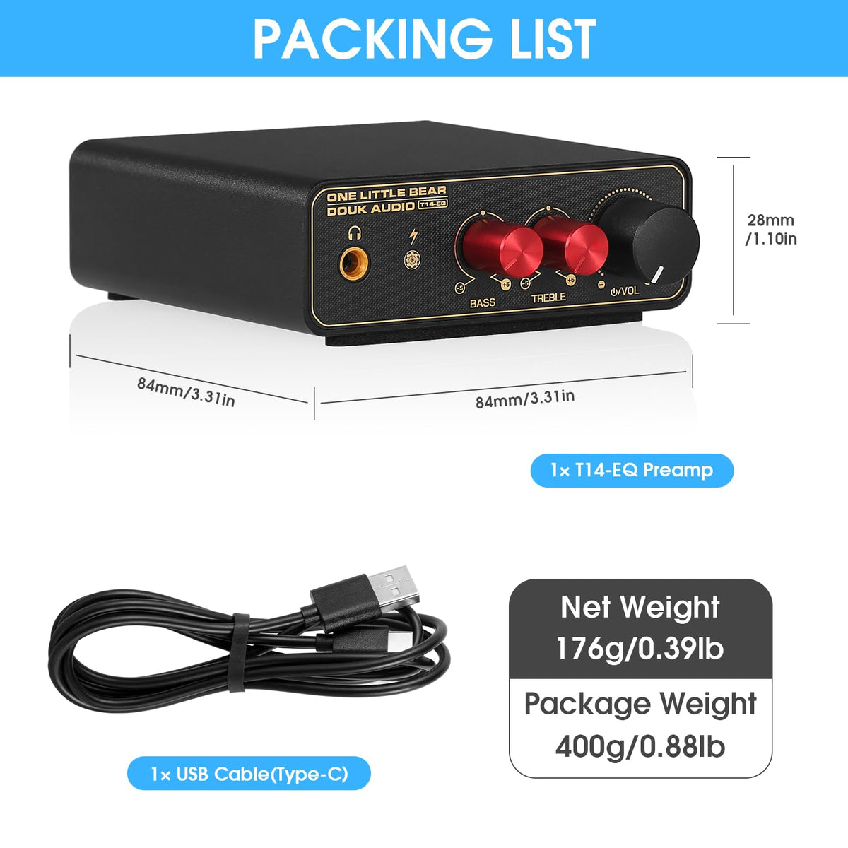 Douk Audio compact size shown in hand for desktop and small-rack convenience
