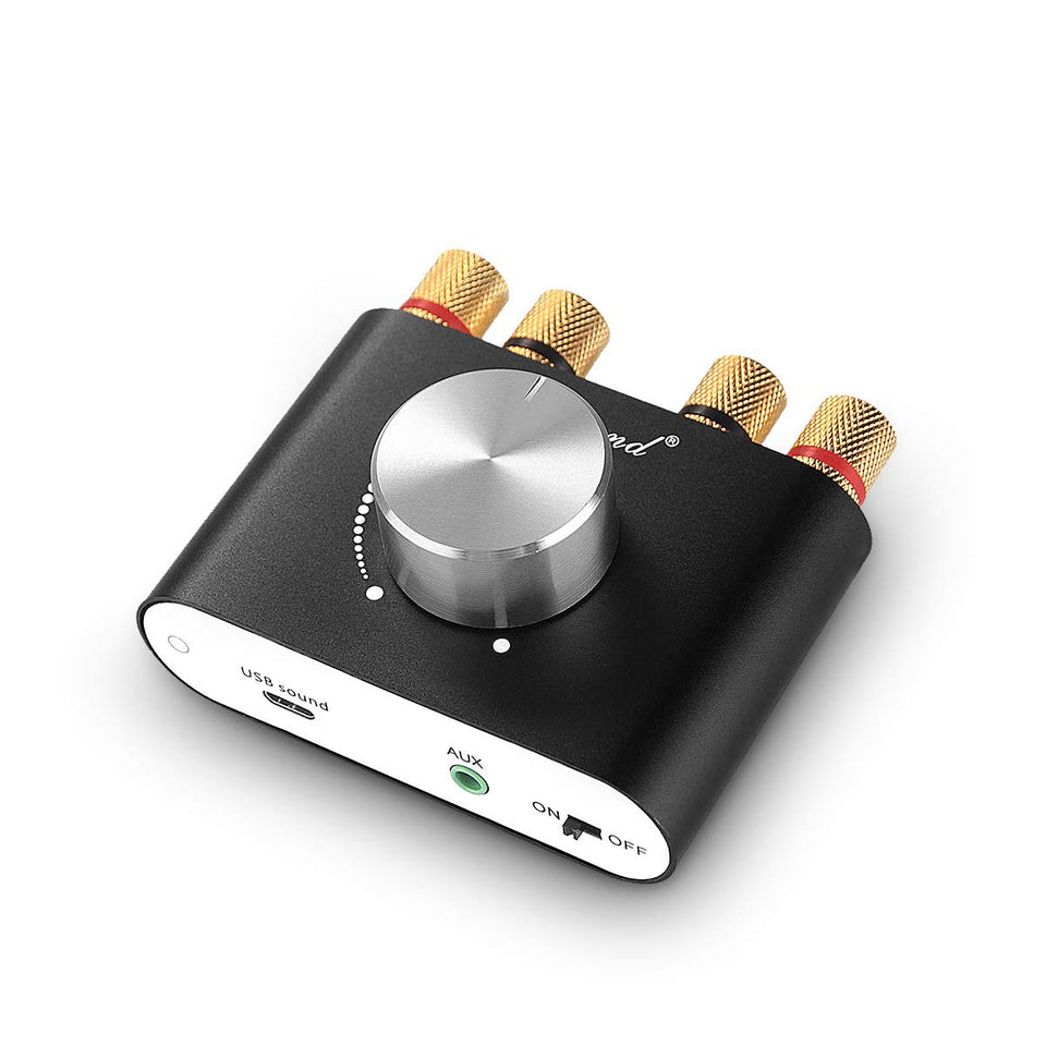 Douk Audio front panel view showing controls and compact design benefit