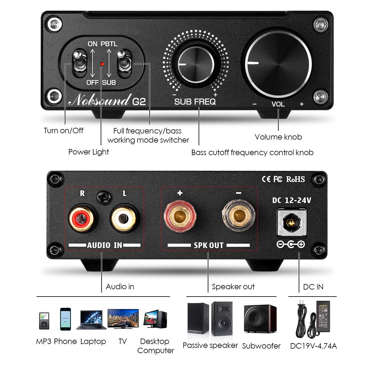 Douk Audio G2 rear connections with speaker terminals and RCA inputs for clean wiring