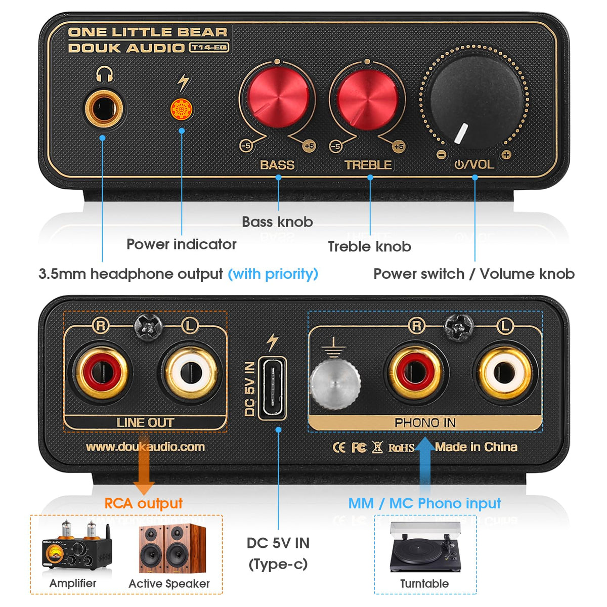 Douk Audio headphone output in use for private vinyl listening on headphones