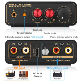 Douk Audio headphone output in use for private vinyl listening on headphones