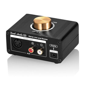 Douk Audio L1 front panel showing volume knob and compact design for precise control