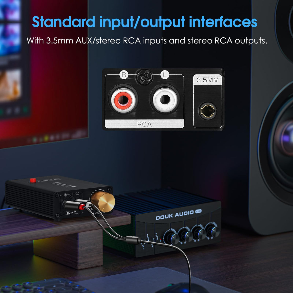 Douk Audio L1-MINI rear connectors with RCA and 3.5mm jacks for easy hookups