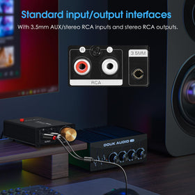 Douk Audio L1-MINI rear connectors with RCA and 3.5mm jacks for easy hookups