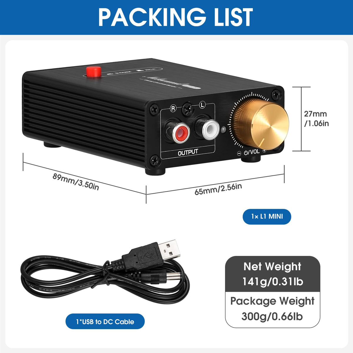 Douk Audio L1-MINI with included accessories and box for ready-to-use setup