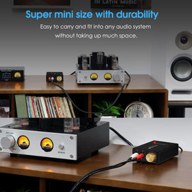 Douk Audio L1-MINI angled top view highlighting metal case and compact build benefit