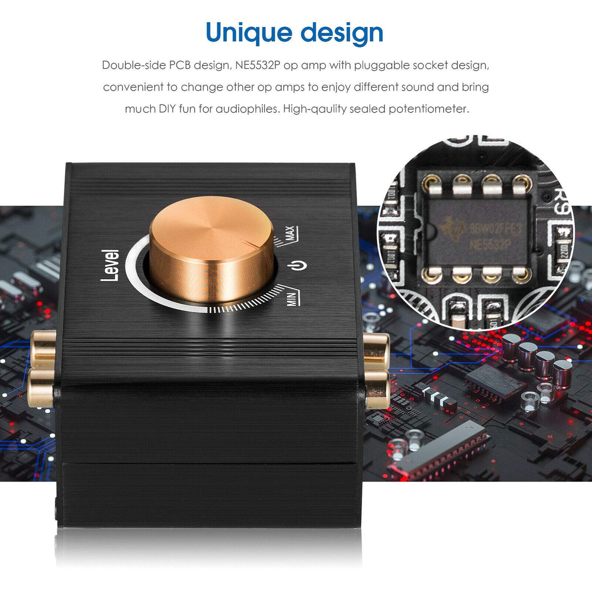 Douk Audio L1 sealed potentiometer close-up demonstrating smooth, reliable volume control