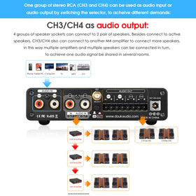 Douk Audio M4 back panel ports enabling versatile wired and wireless connections.