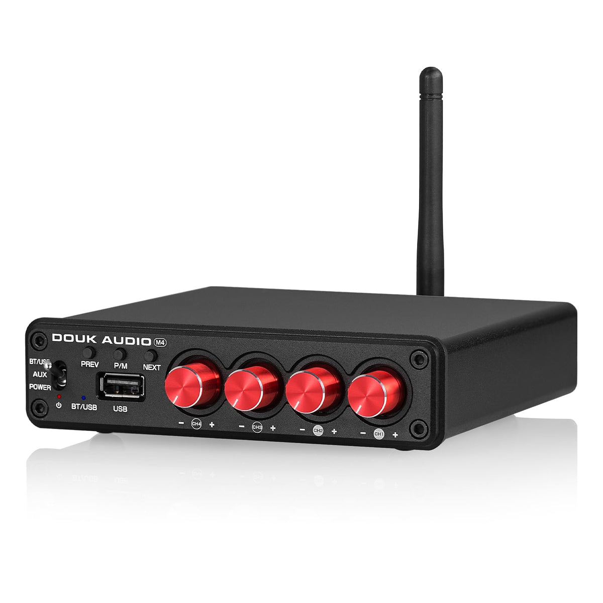 Douk Audio M4 front panel with clean controls for effortless home stereo setup.