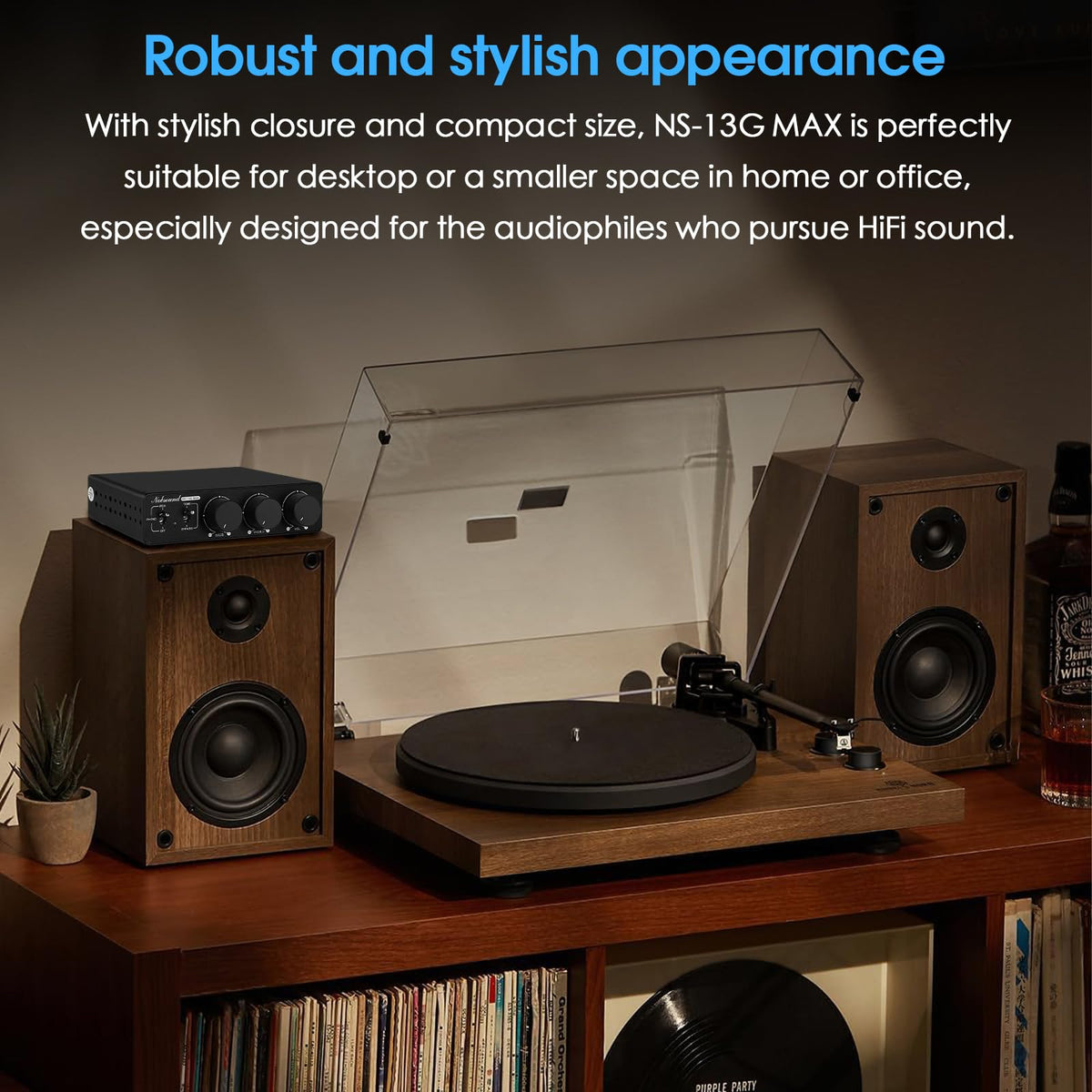 Douk Audio Nobsound 300W2 desk-setup fits on a small shelf