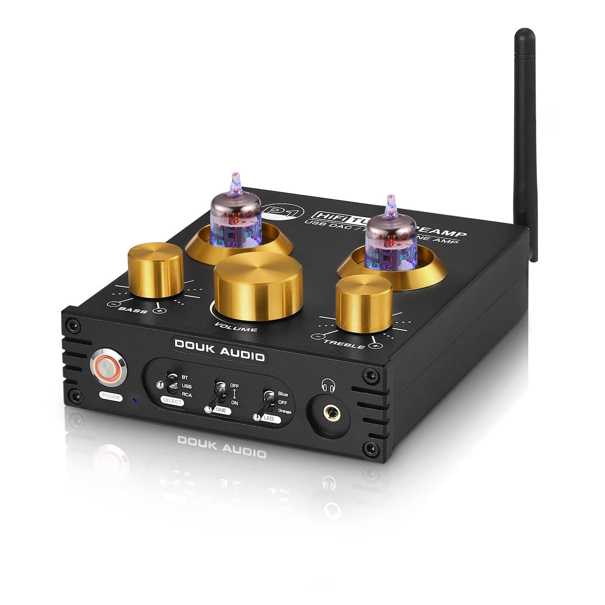 Douk Audio P1 front panel with tone and input controls for easy use