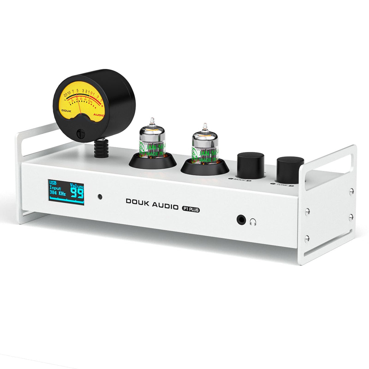Douk Audio P1 Plus front view with VU meter for real-time signal monitoring