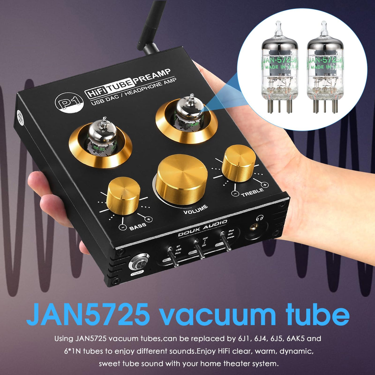 Douk Audio P1 tone control knobs enabling bass and treble adjustments