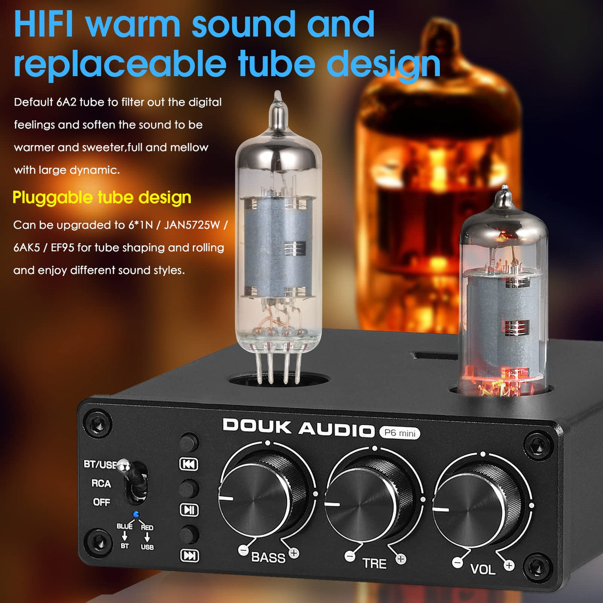 Douk Audio P6 MINI close up of treble bass volume knobs, allows precise tone shaping