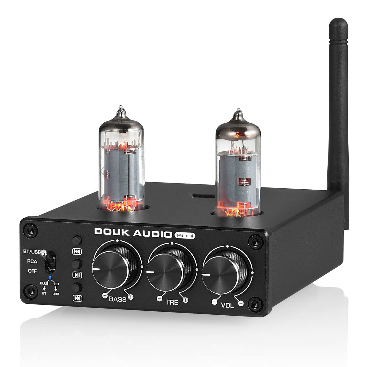 Douk Audio P6 MINI front panel showing knobs and LED, improves control