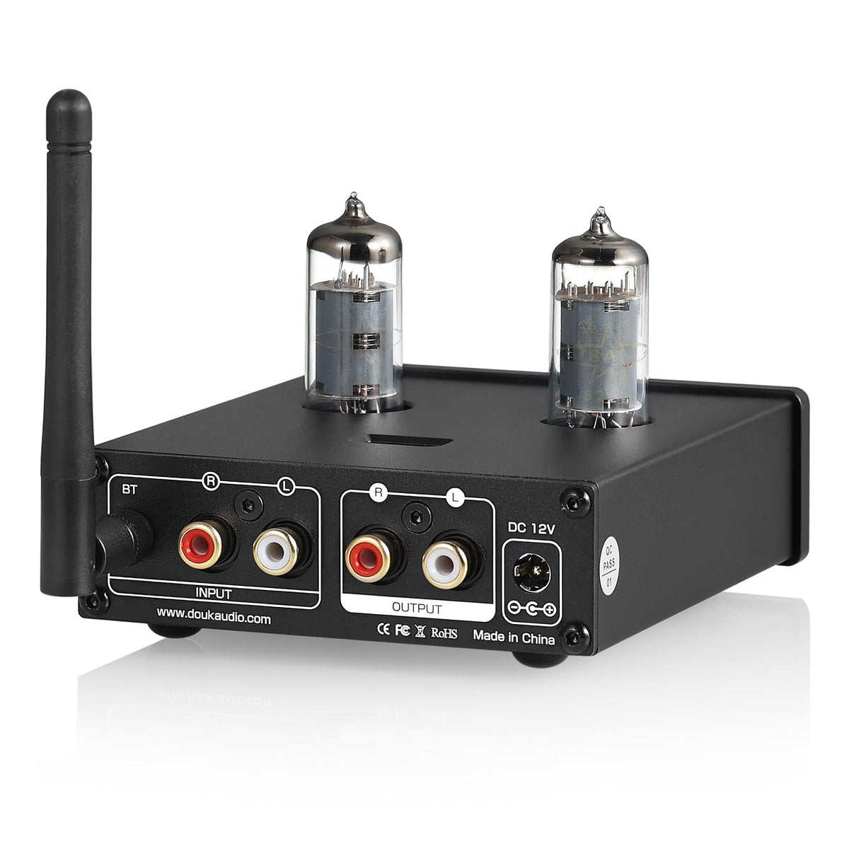 Douk Audio P6 MINI tube glowing warmly on top, adds vintage warmth