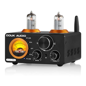 Douk Audio front panel showing knobs and tube lights, clear control access