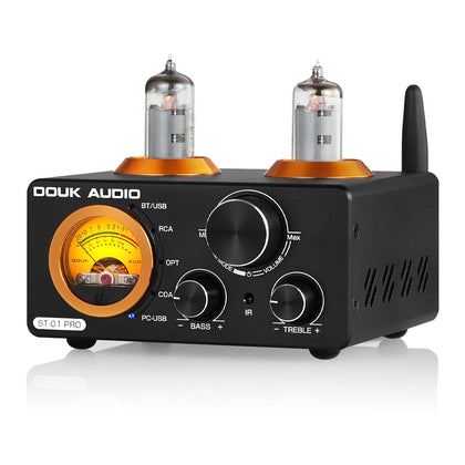 Douk Audio front panel showing knobs and tube lights, clear control access
