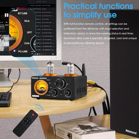 Douk Audio connected to bookshelf speakers showing reliable speaker drive