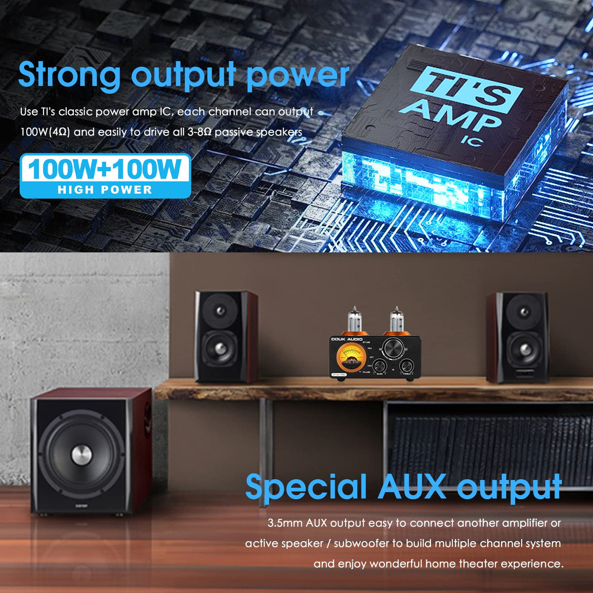 Douk Audio rear I/O ports showing USB, coaxial, optical and RCA connections